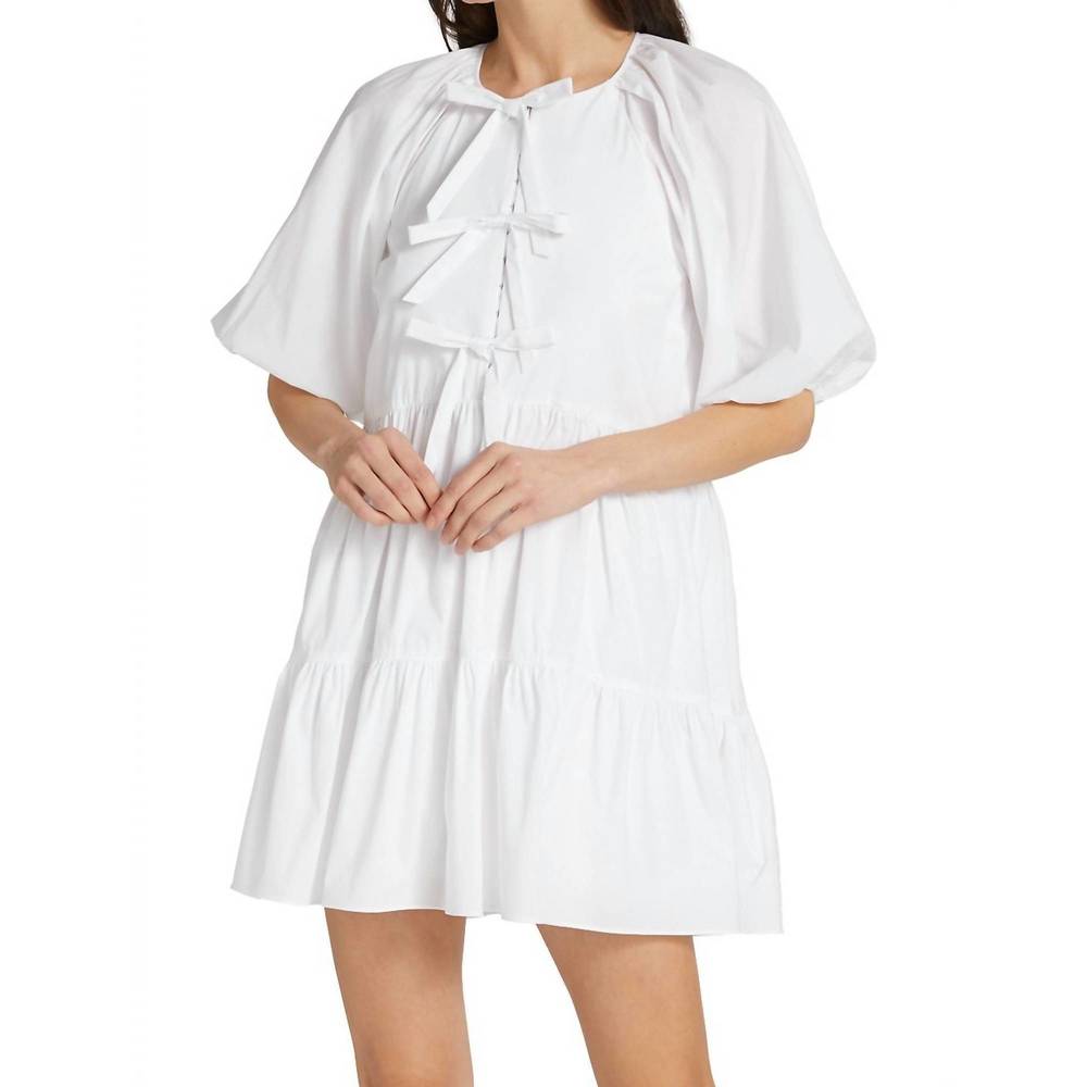 NEW CINQ A SEPT lynn cotton bow detail puff sleeve flared mini dress in white - Picture 3 of 6